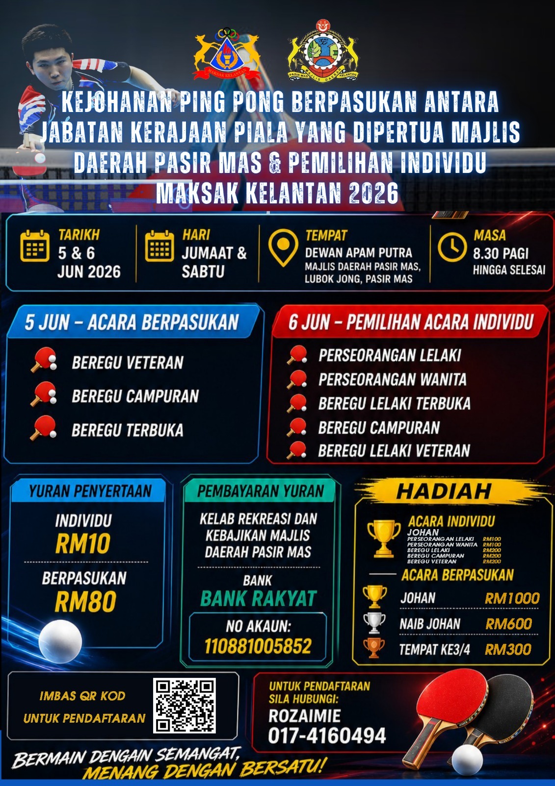 KEJOHANAN PING PONG BERPASUKAN ANTARA JABATAN KERAJAAN PIALA YANG DIPERTUA MAJLIS DAERAH PASIR MAS & PEMILIHAN INDIVIDU MAKSAK KELANTAN 2026